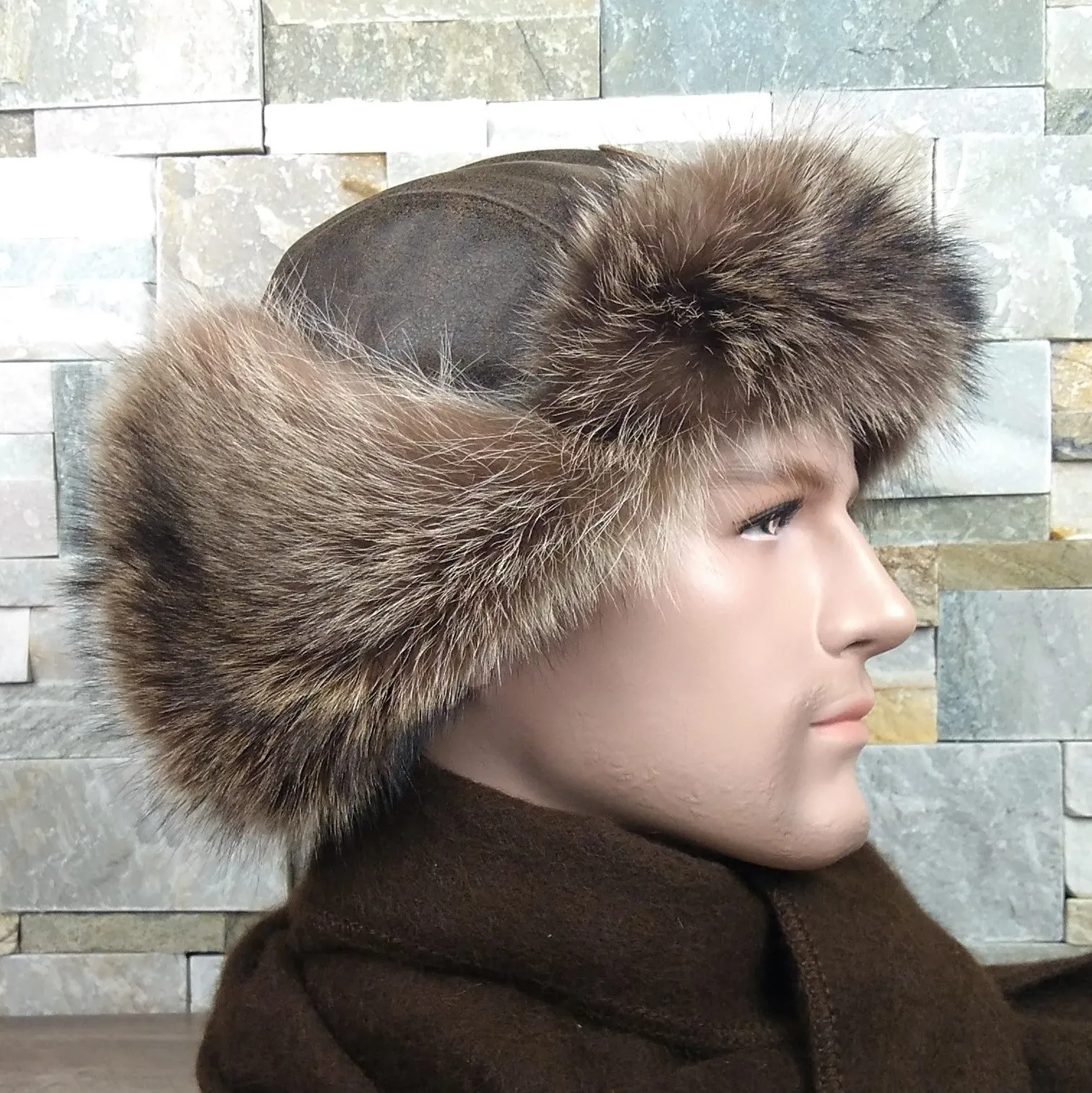 Raccoon Fur Aviator Hat, Antique Brown Leather - Antoine Model