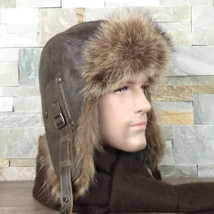 Raccoon Fur Aviator Hat, Antique Brown Leather - Antoine Model