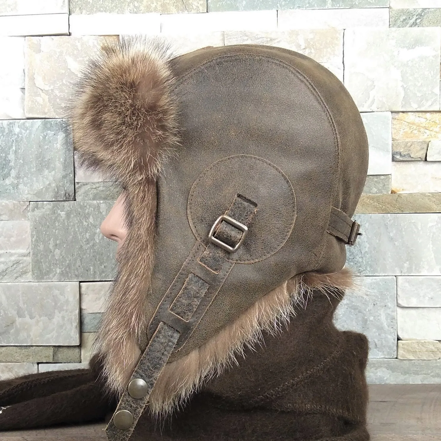 Raccoon Fur Aviator Hat, Antique Brown Leather - Simon Model