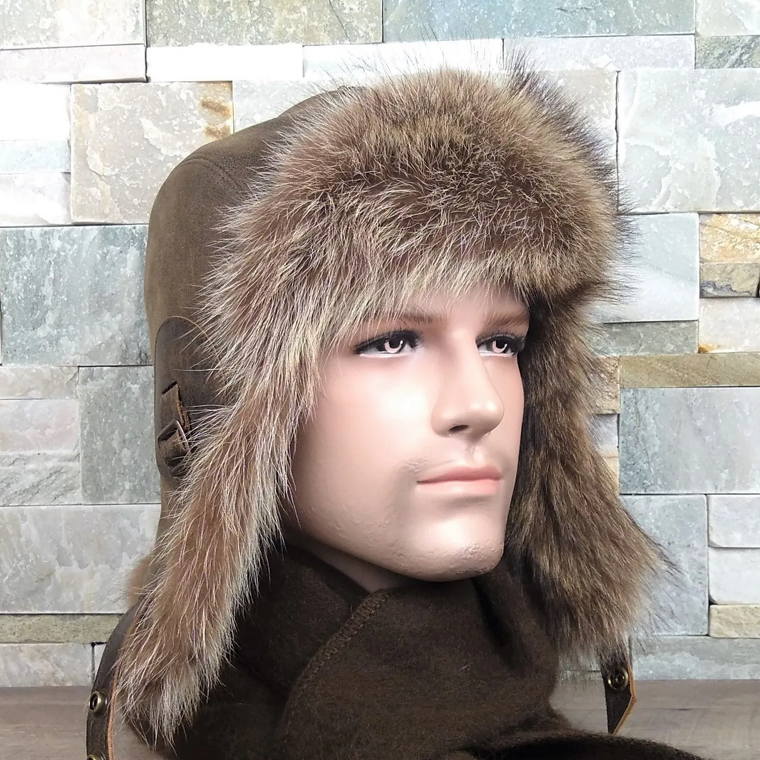 Raccoon Fur Aviator Hat, Antique Brown Leather - Simon Model