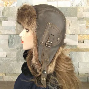 Raccoon Fur Aviator Hat, Brown Leather - Antoine Model