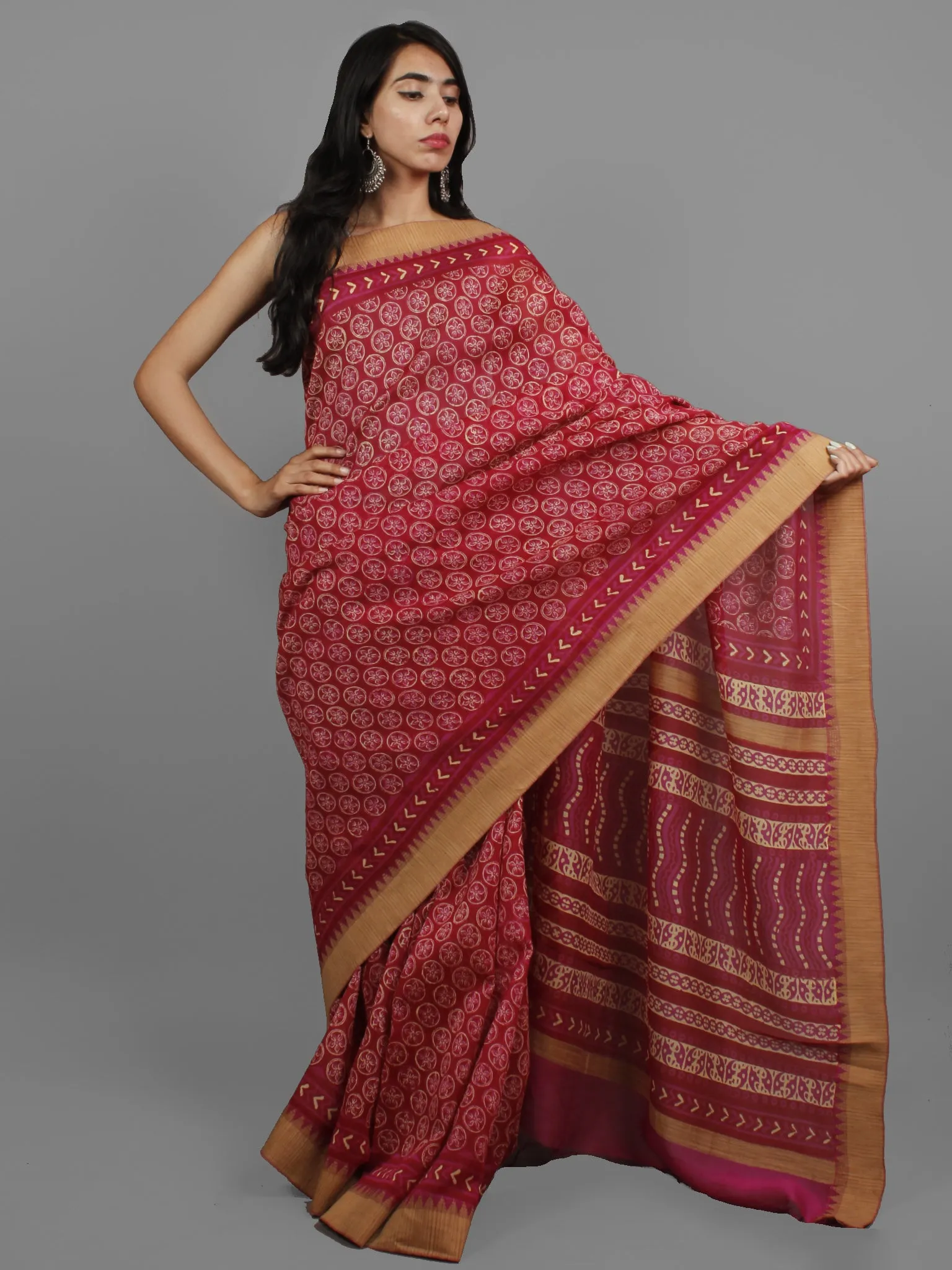 Rosewood Pink Beige Chanderi Silk Hand Block Printed Saree With Ghicha Border - S031702443