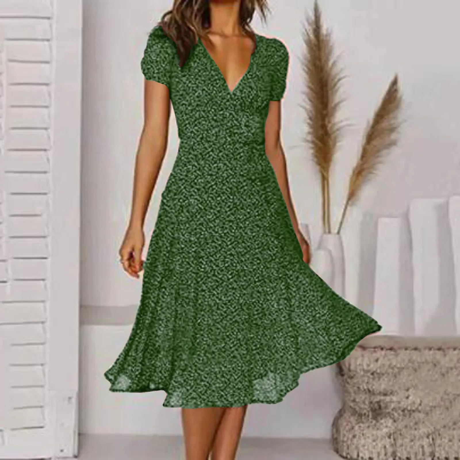 Sleeve Polka Short V High Waisted Summer Casual Neck Print Dot Fashion Vintage Dress