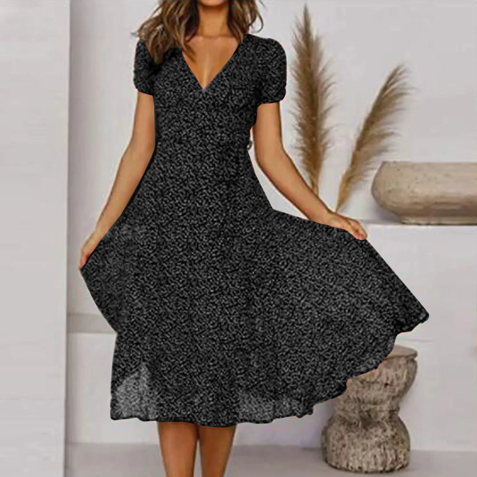 Sleeve Polka Short V High Waisted Summer Casual Neck Print Dot Fashion Vintage Dress