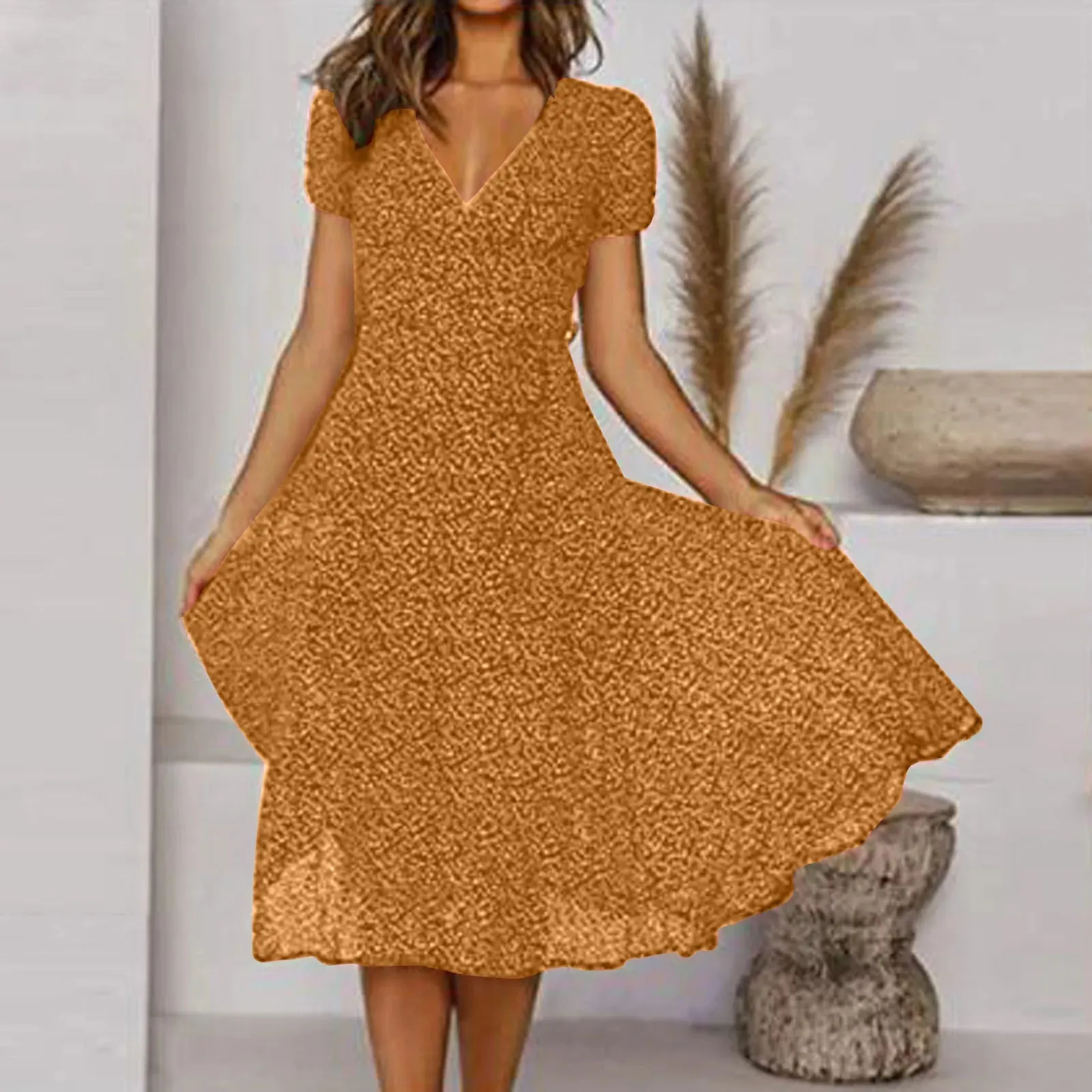 Sleeve Polka Short V High Waisted Summer Casual Neck Print Dot Fashion Vintage Dress