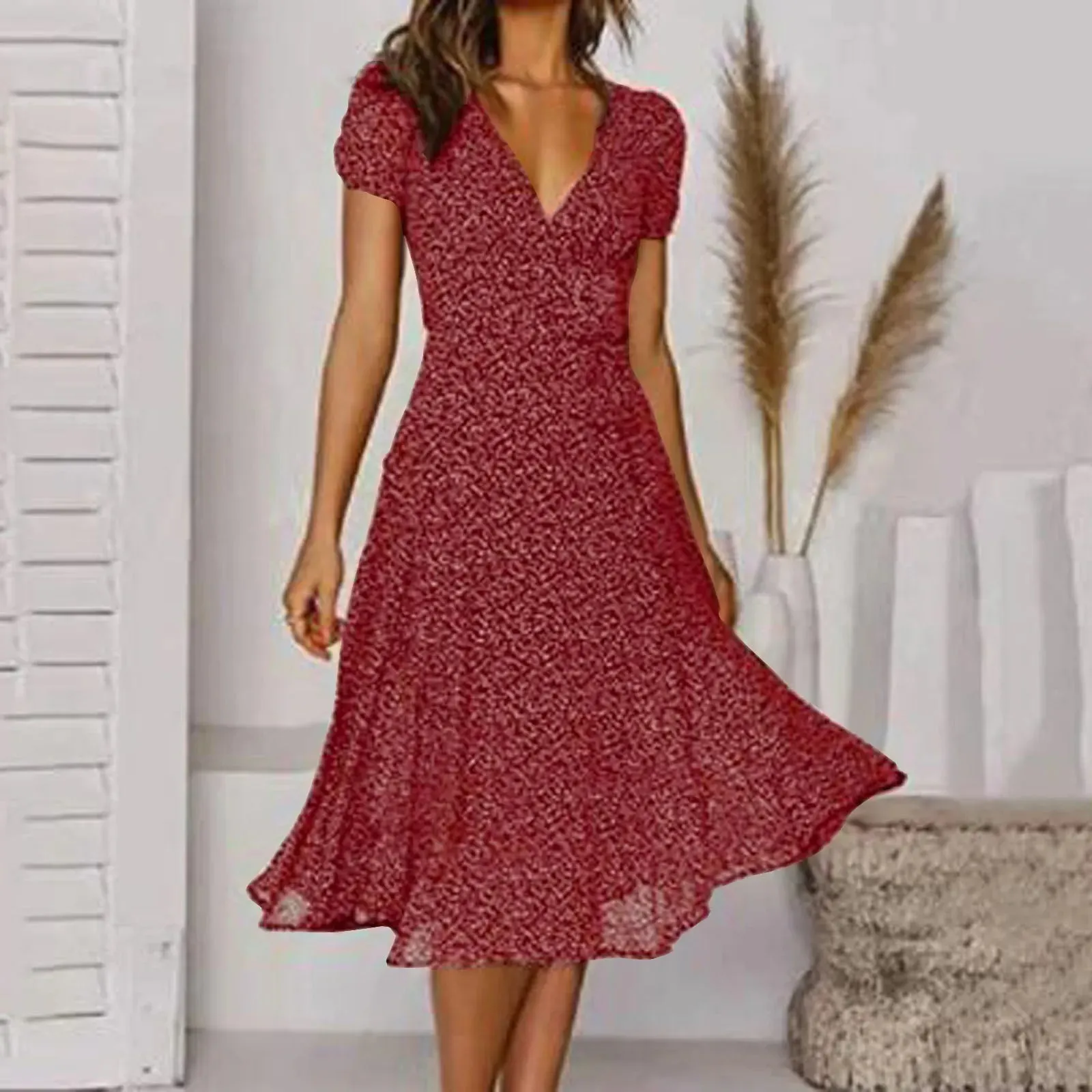Sleeve Polka Short V High Waisted Summer Casual Neck Print Dot Fashion Vintage Dress