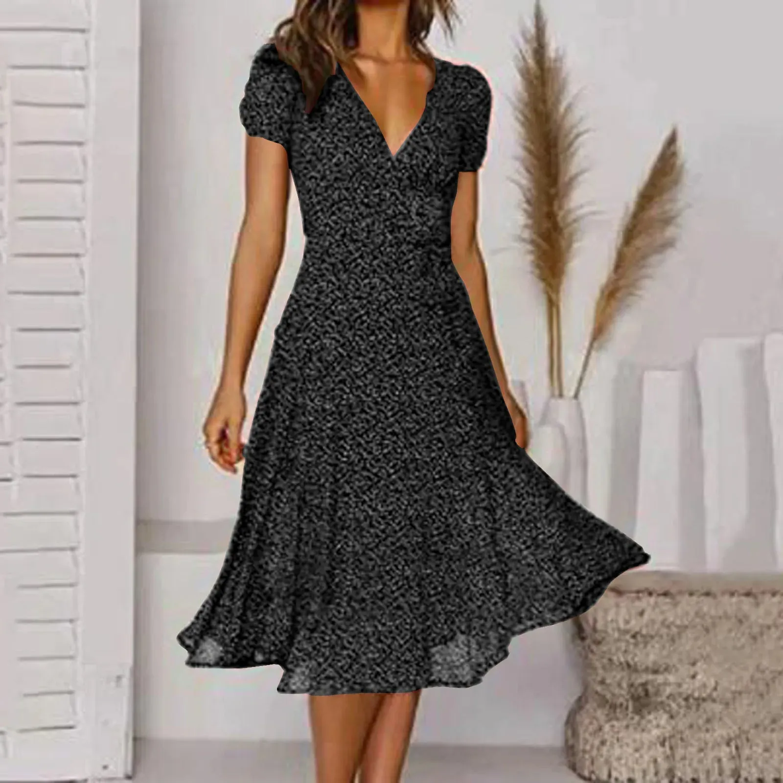 Sleeve Polka Short V High Waisted Summer Casual Neck Print Dot Fashion Vintage Dress
