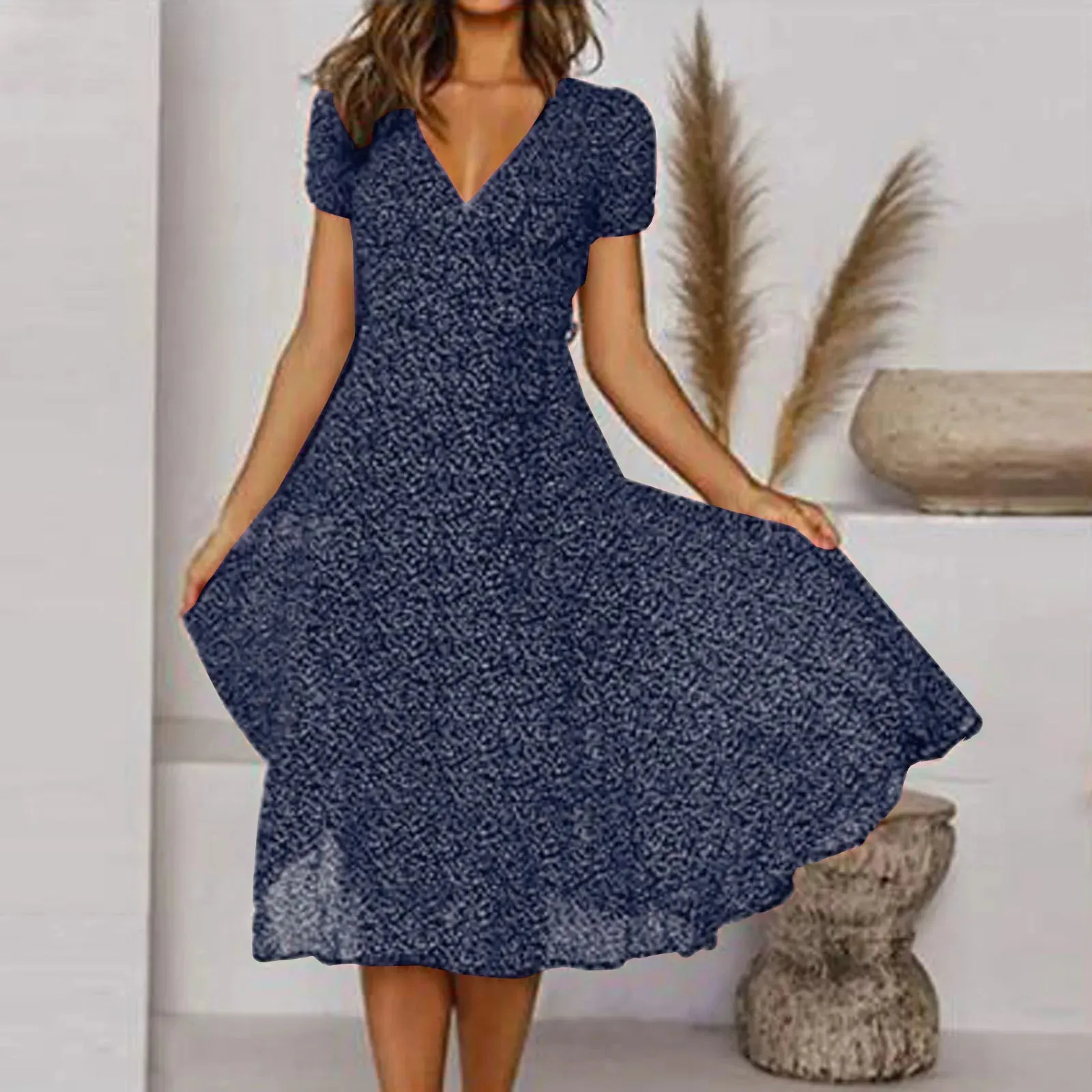 Sleeve Polka Short V High Waisted Summer Casual Neck Print Dot Fashion Vintage Dress