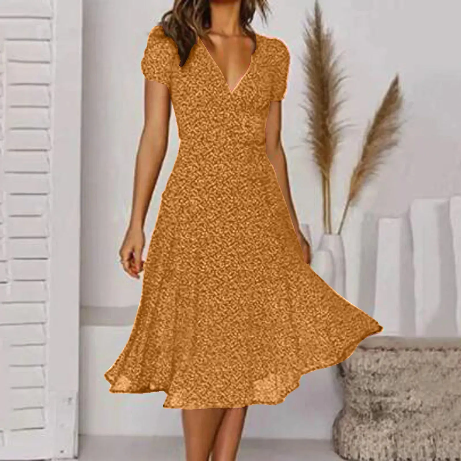 Sleeve Polka Short V High Waisted Summer Casual Neck Print Dot Fashion Vintage Dress