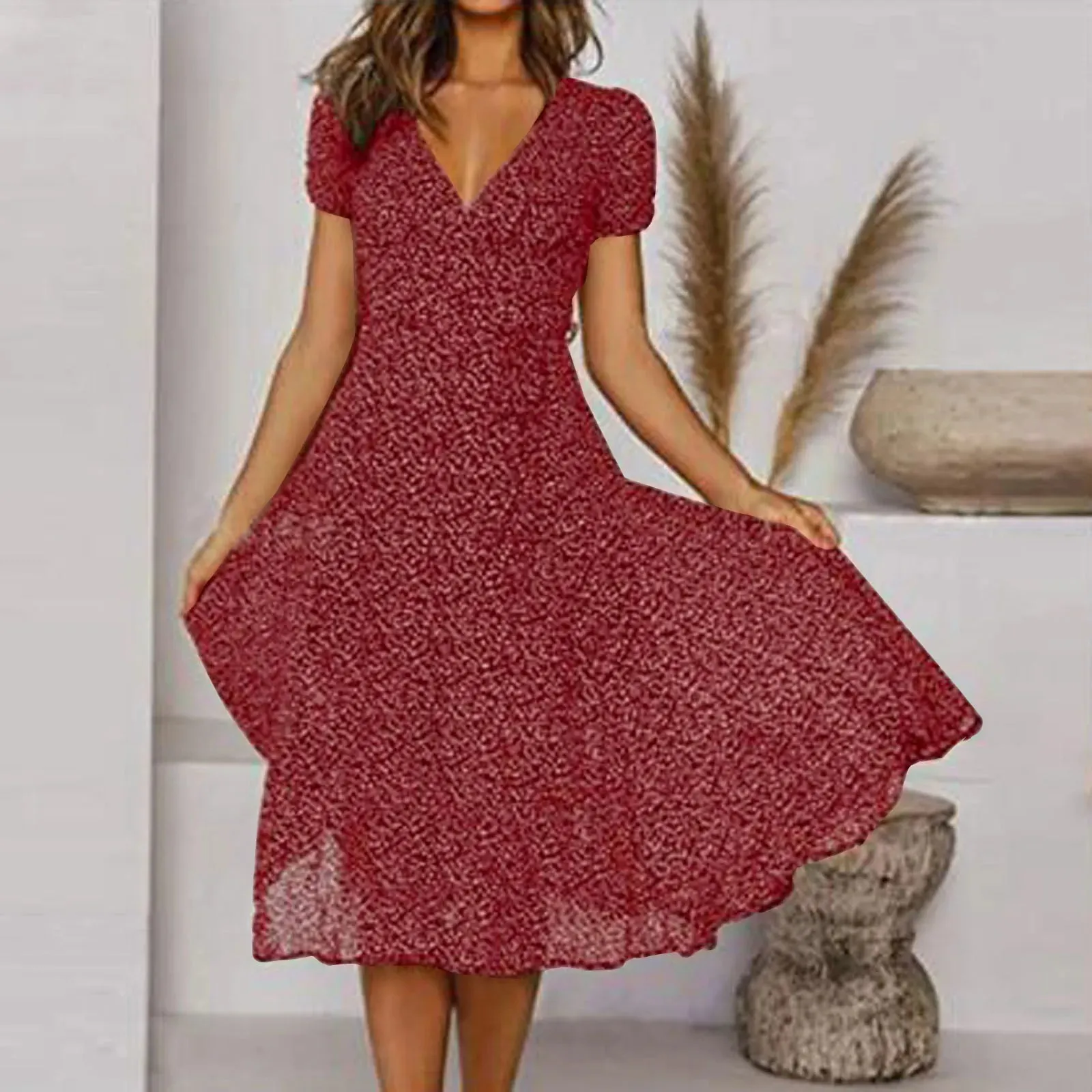 Sleeve Polka Short V High Waisted Summer Casual Neck Print Dot Fashion Vintage Dress