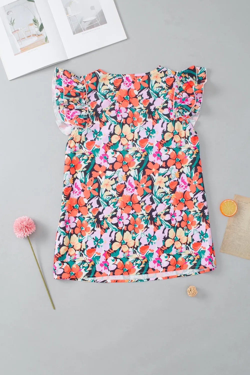 TEEK - Floral Ruffled V-Neck Cap Sleeve Blouse