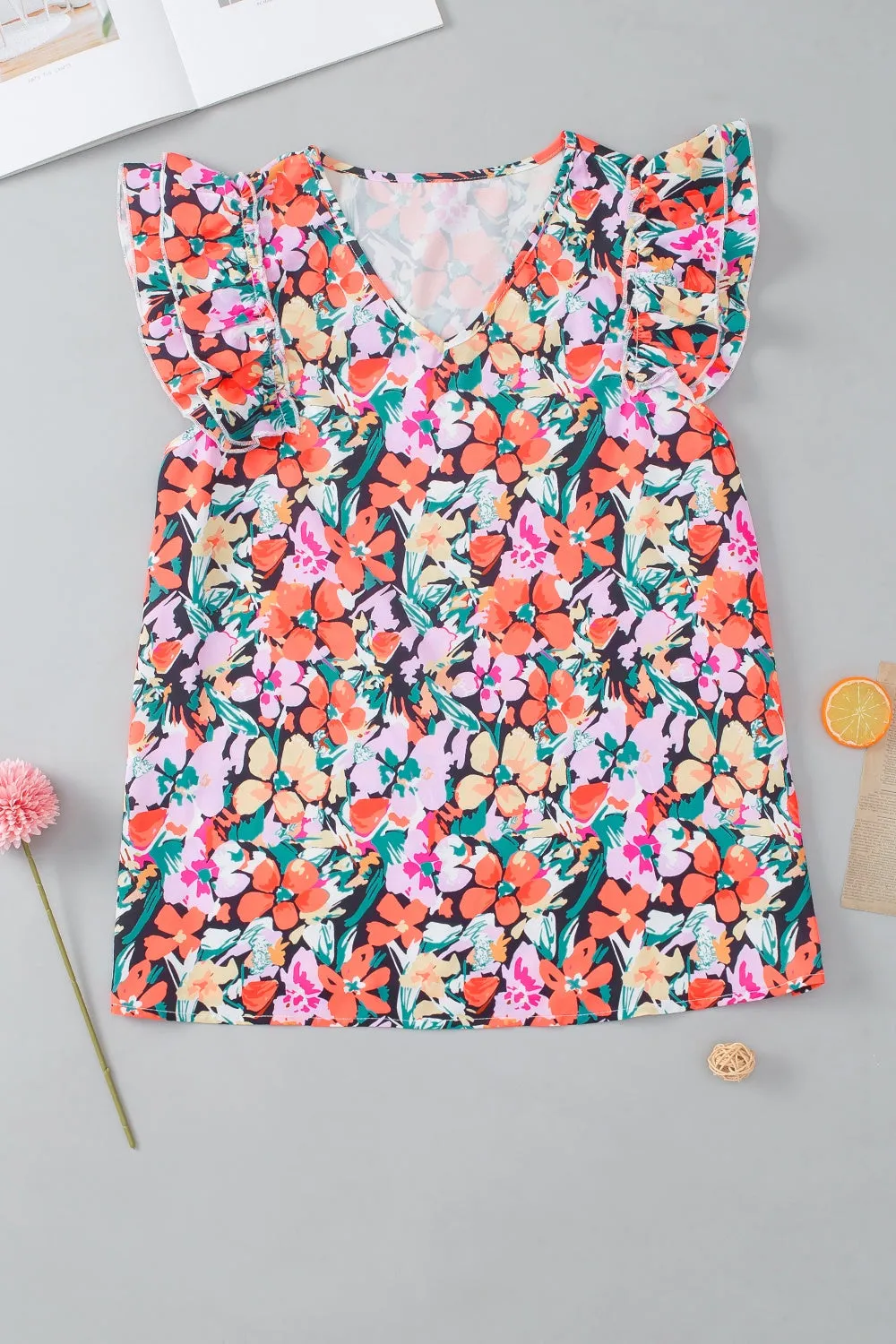 TEEK - Floral Ruffled V-Neck Cap Sleeve Blouse