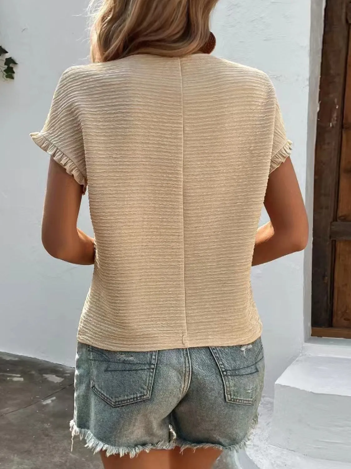 TEEK - Sand Textured V-Neck Short Sleeve Top