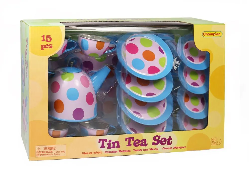 TIN TEA SET 15 PIECE POLKA DOTS