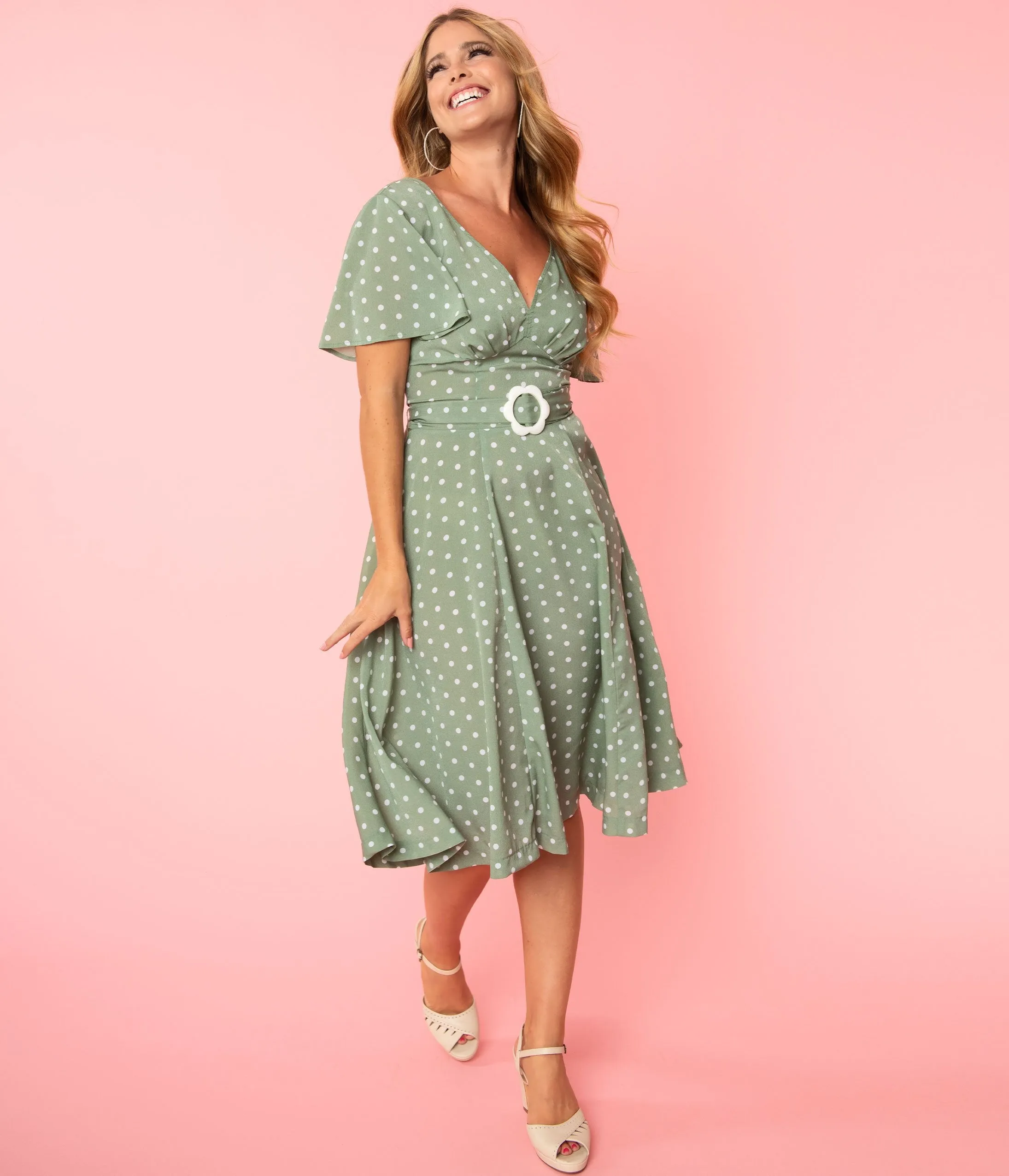 Unique Vintage 1940s Sage Green & Ivory Polka Dot Kay Swing Dress