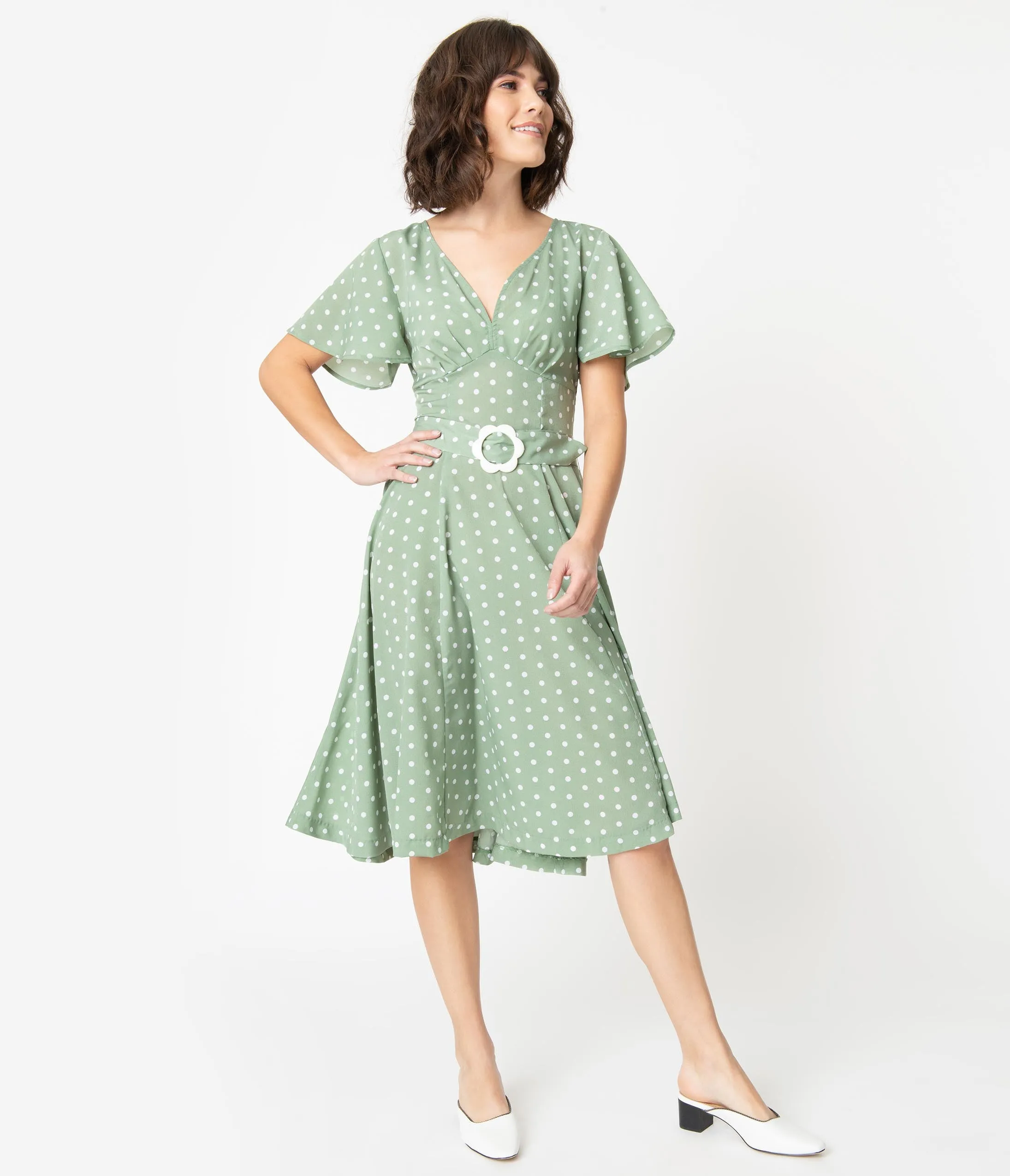 Unique Vintage 1940s Sage Green & Ivory Polka Dot Kay Swing Dress