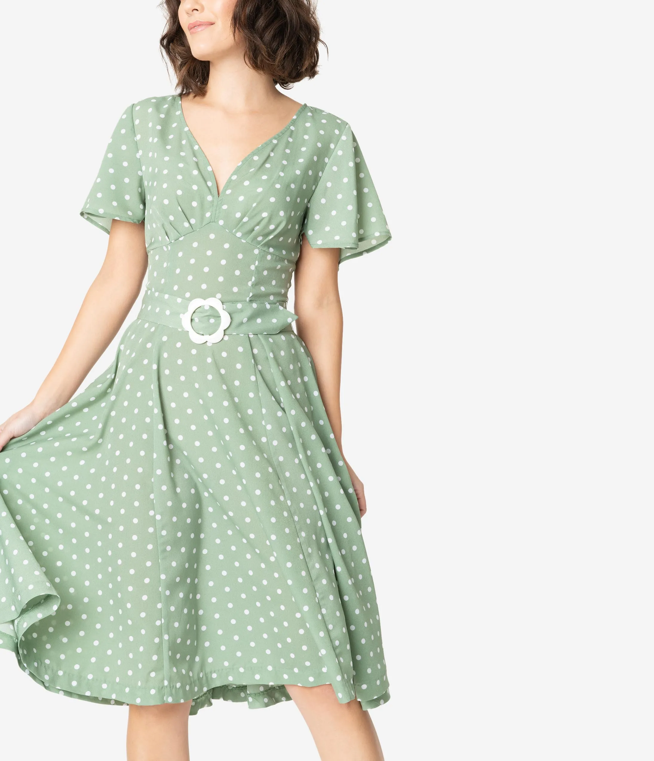Unique Vintage 1940s Sage Green & Ivory Polka Dot Kay Swing Dress