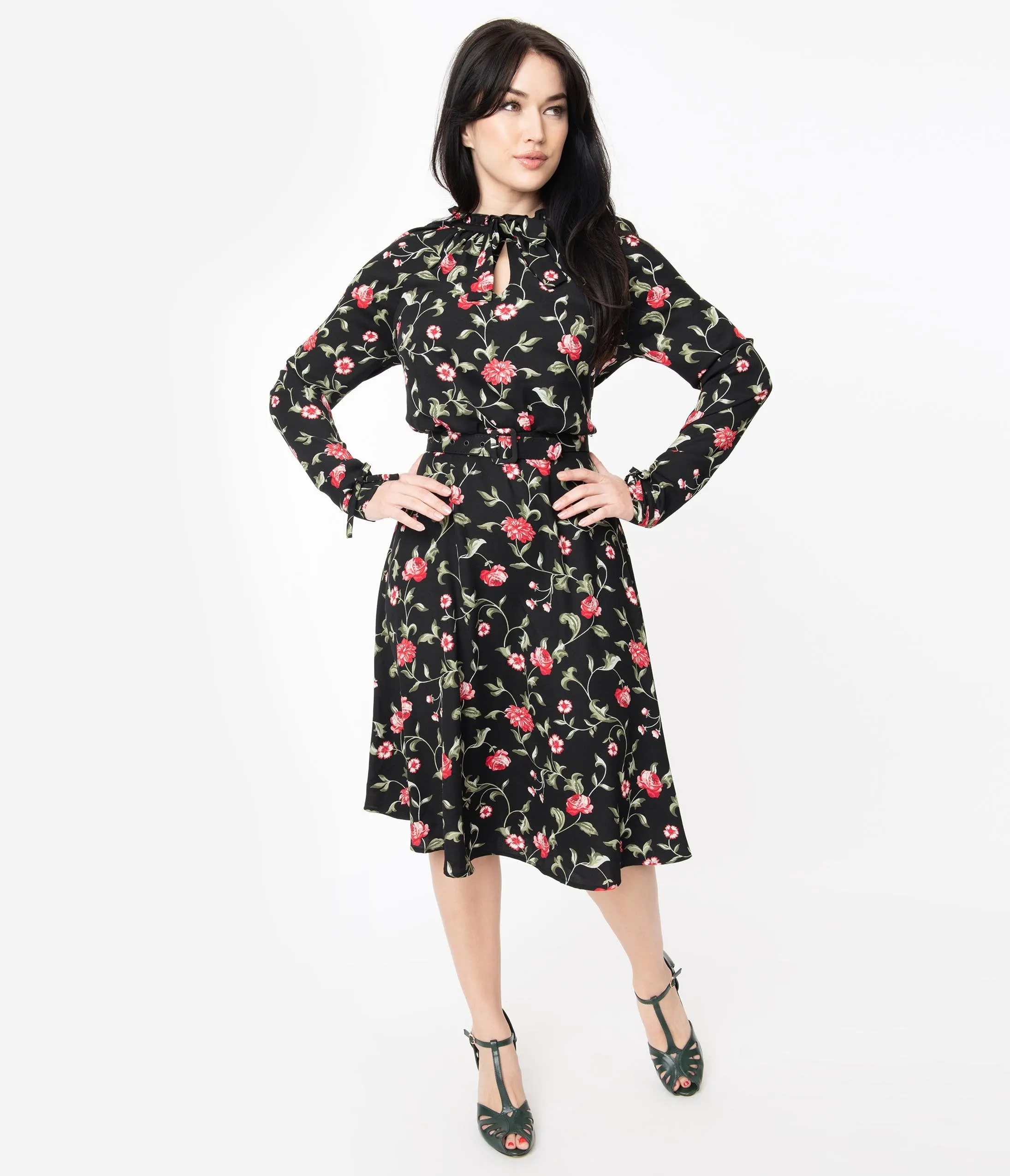 1950s Vintage Vandella Swing Dress: Black & Red Floral Print
