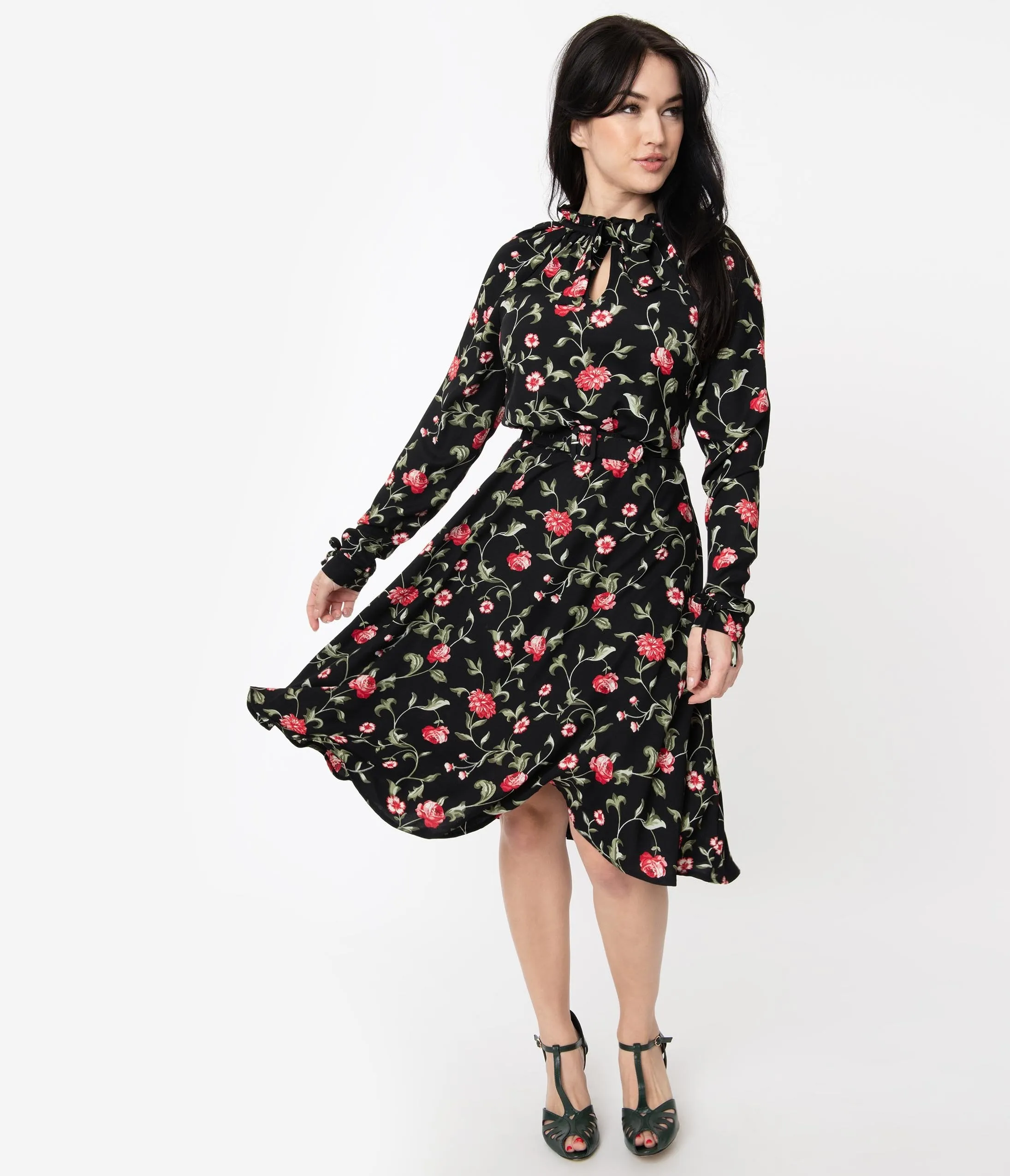 1950s Vintage Vandella Swing Dress: Black & Red Floral Print