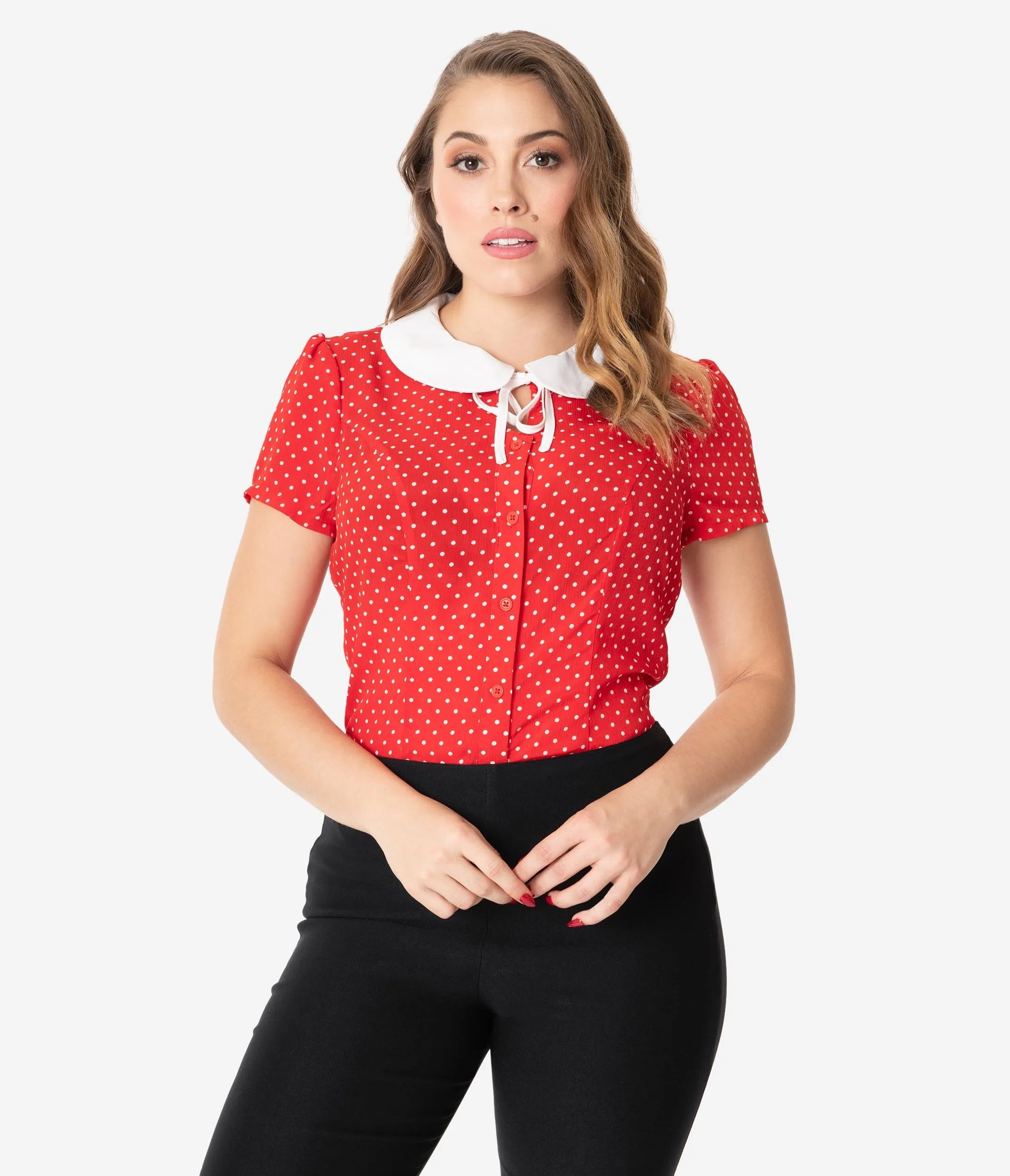 Unique Vintage 1950s Red & White Pin Dot Suzanne Blouse