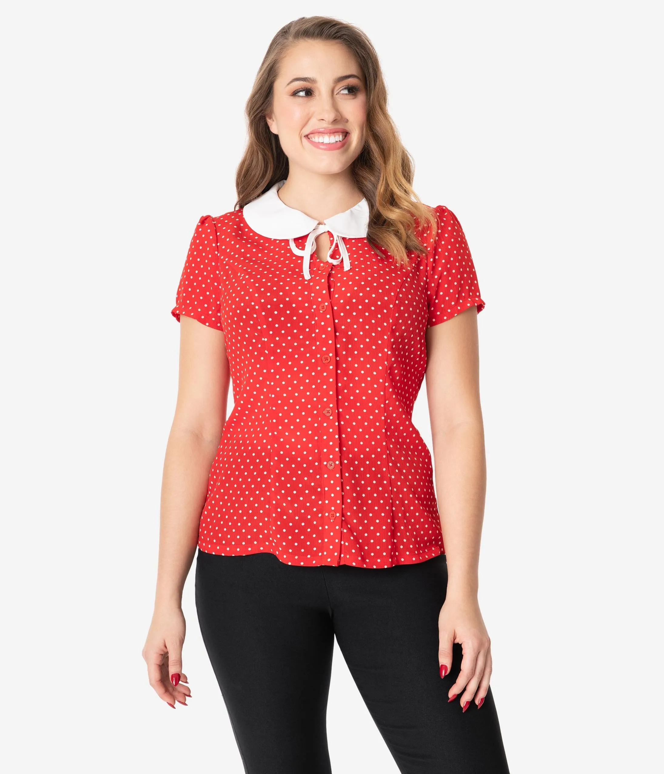 Unique Vintage 1950s Red & White Pin Dot Suzanne Blouse
