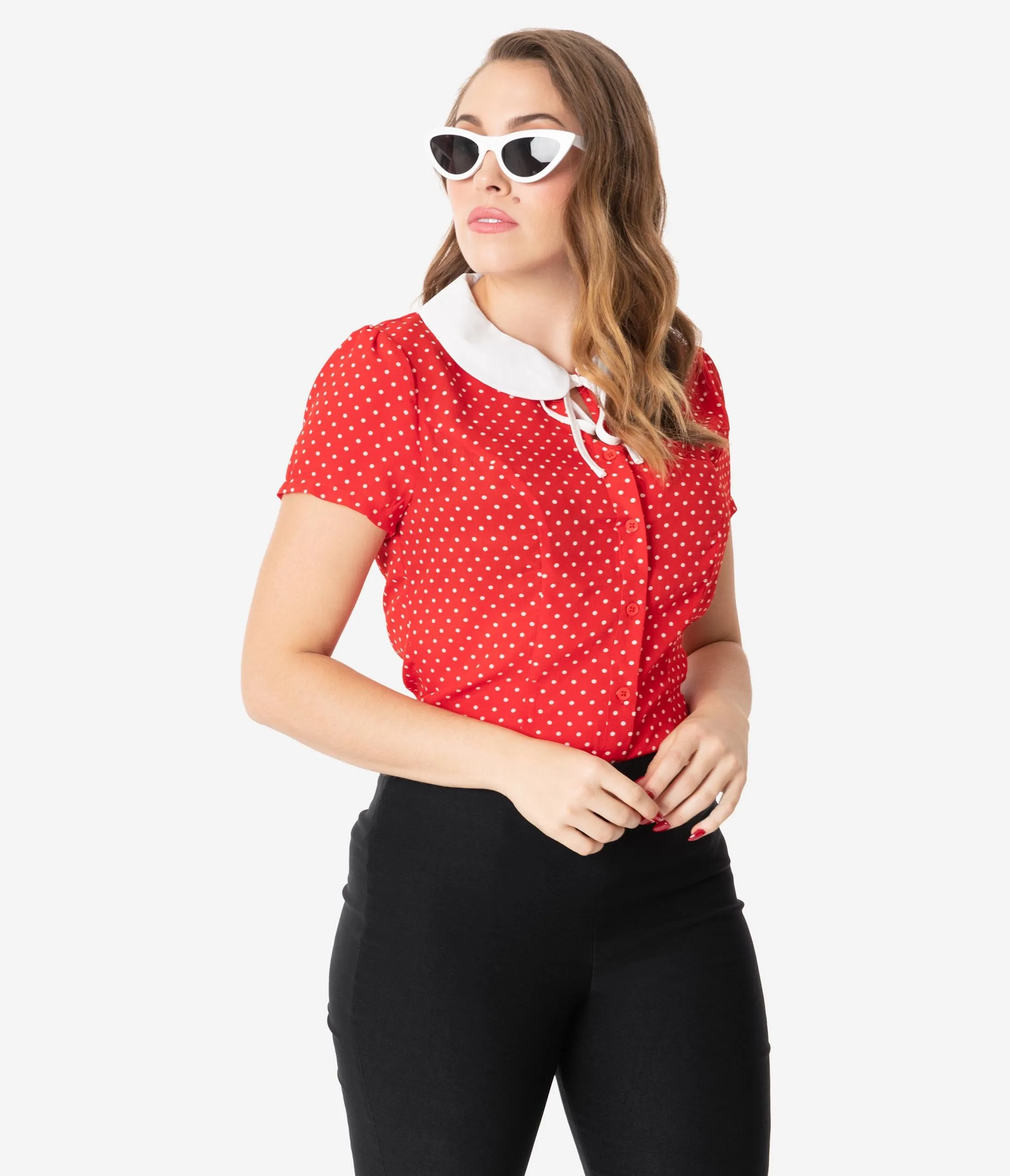 Unique Vintage 1950s Red & White Pin Dot Suzanne Blouse