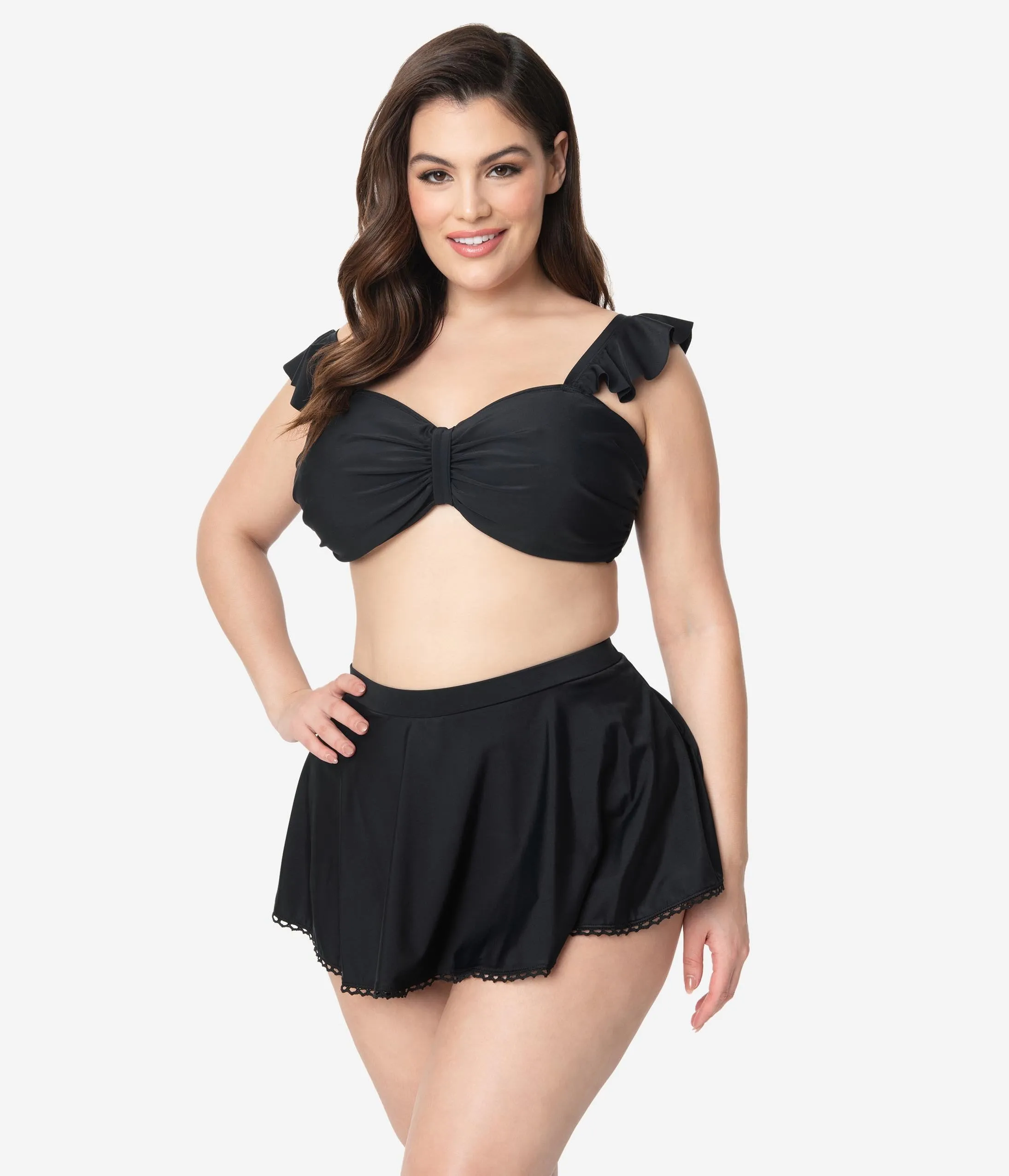 Unique Vintage Plus Size Black Ruffle Crystal Cove Bandeau Bikini Top