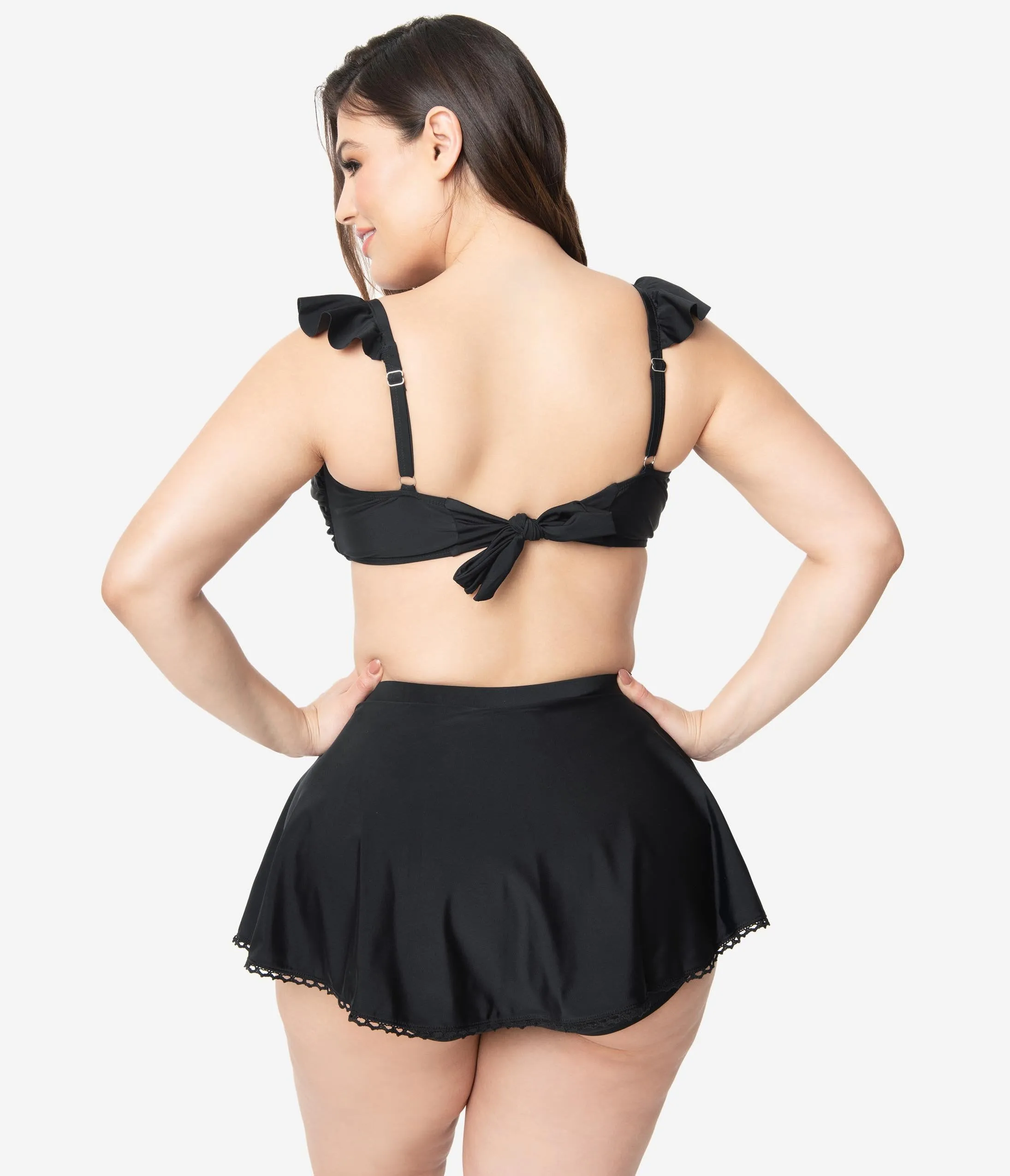 Unique Vintage Plus Size Black Ruffle Crystal Cove Bandeau Bikini Top