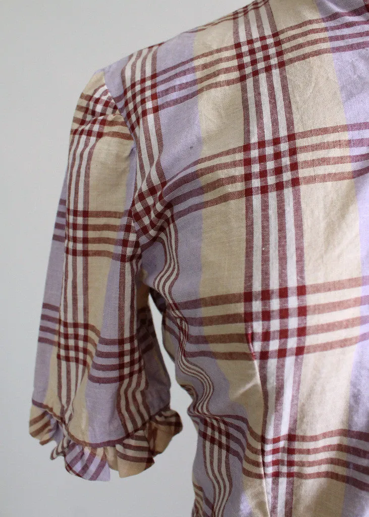 Vintage 1930s Plaid Ruffles Cotton Day Dress