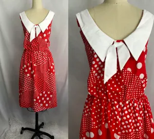 Vintage 60s 70s 80s Red Polka Dot Novelty Nautical dress large sailor collar secretary cotton One Size