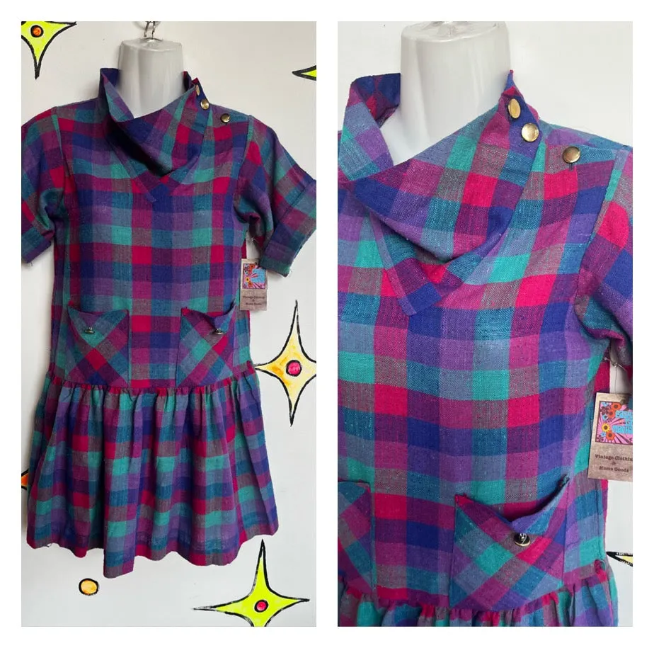 Vintage 80s | Pink Plaid Babydoll Mini Dress | Size S