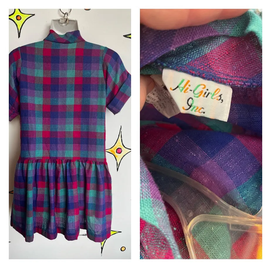 Vintage 80s | Pink Plaid Babydoll Mini Dress | Size S