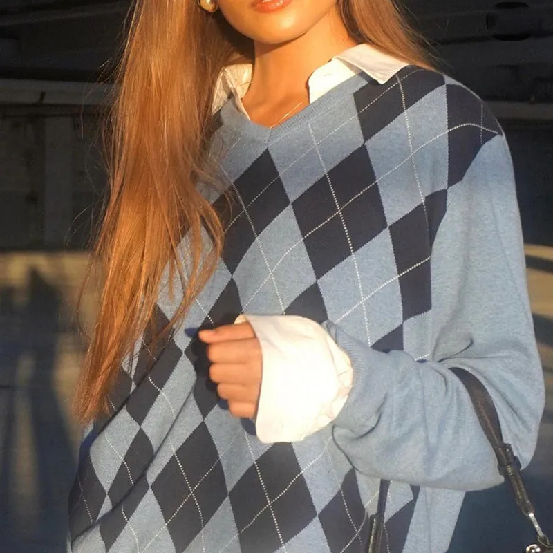 Vintage Argyle Sweaters Women Harajuku Aesthetic Pullovers Streetwear Jumper Korean Knitwear