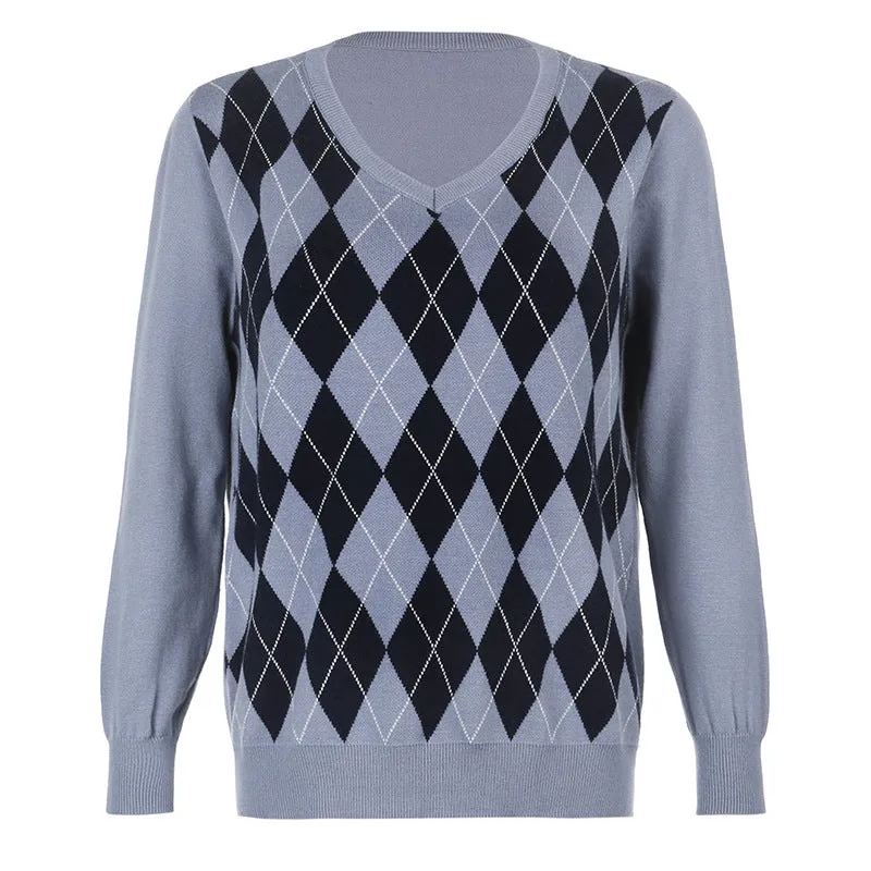 Vintage Argyle Sweaters Women Harajuku Aesthetic Pullovers Streetwear Jumper Korean Knitwear