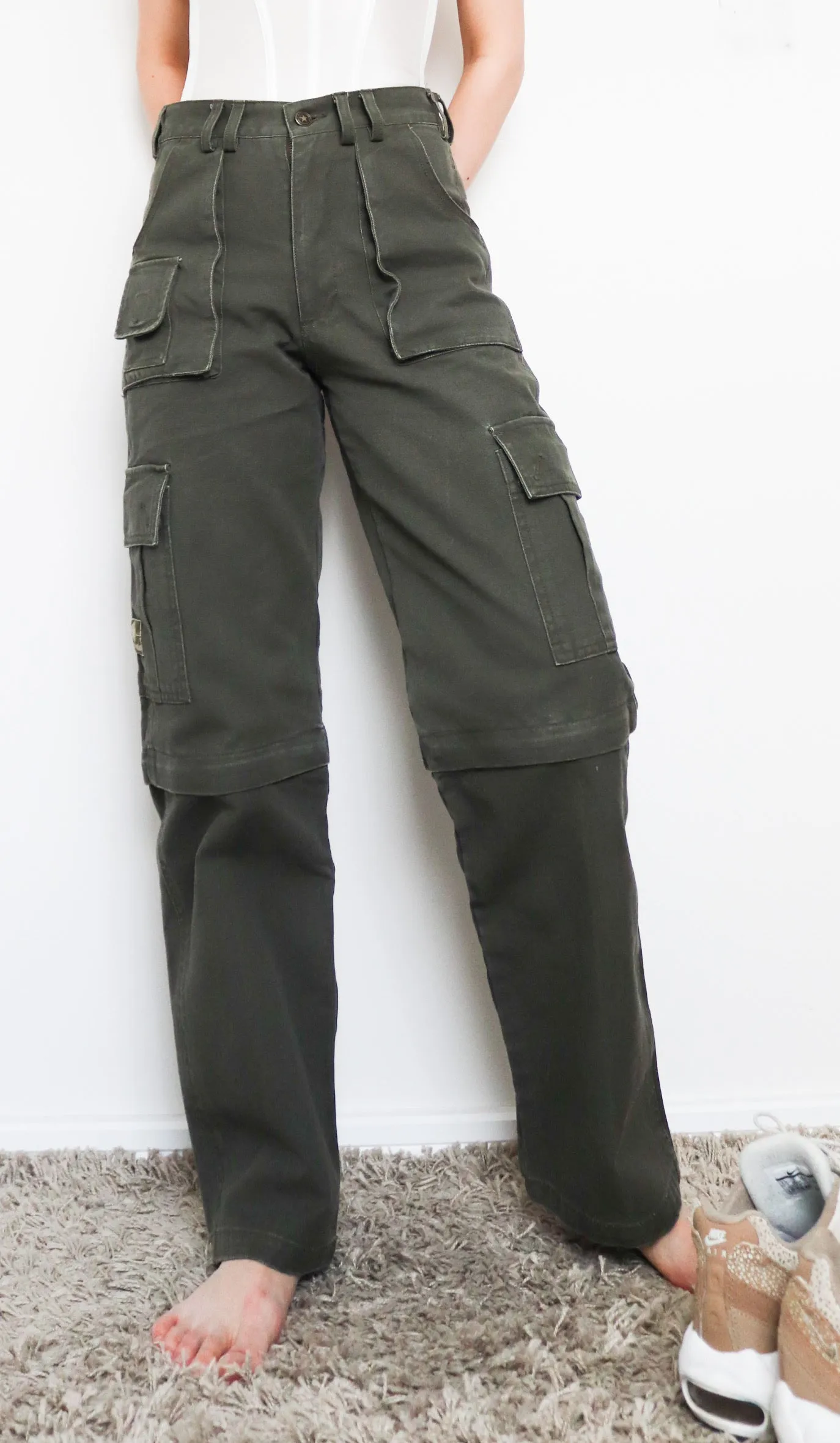 VINTAGE GREEN LARGE POCKETS CARGO MILITARY STYLE PANTS TROUSERS