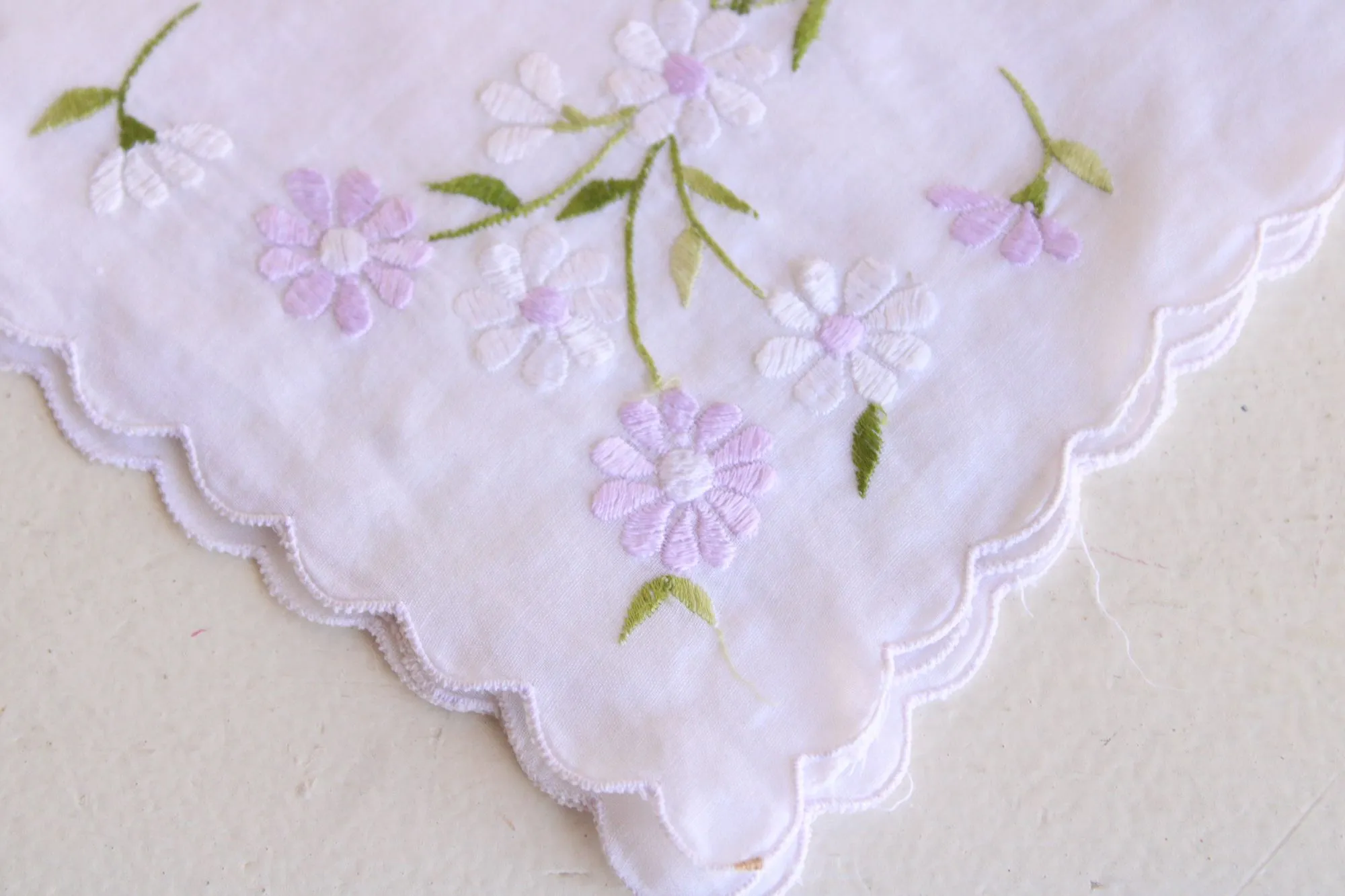 Vintage Handkerchief with Purple and White Daisy Flower Embroidery