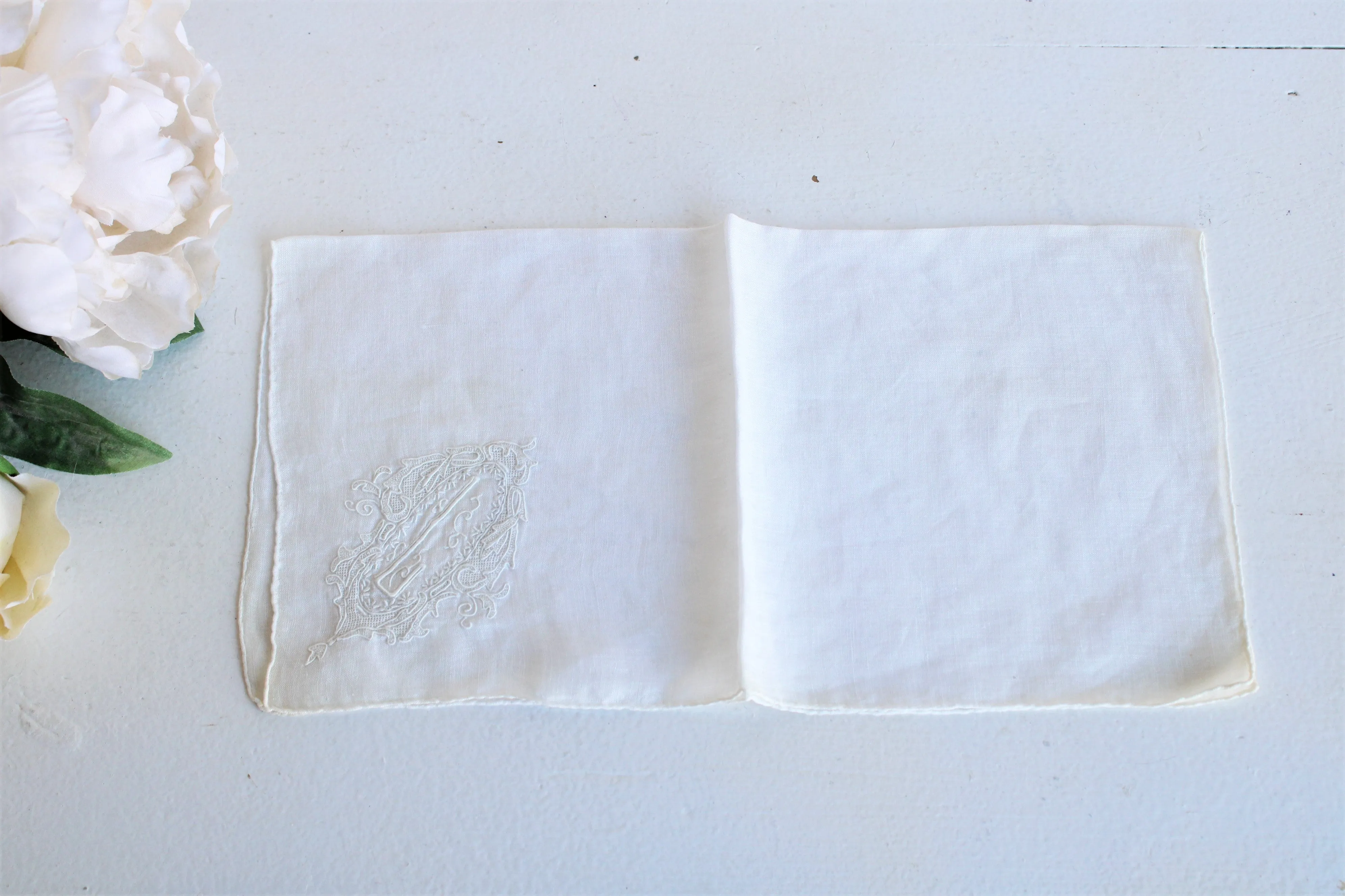 Vintage Linen Hanky Embroidered with L