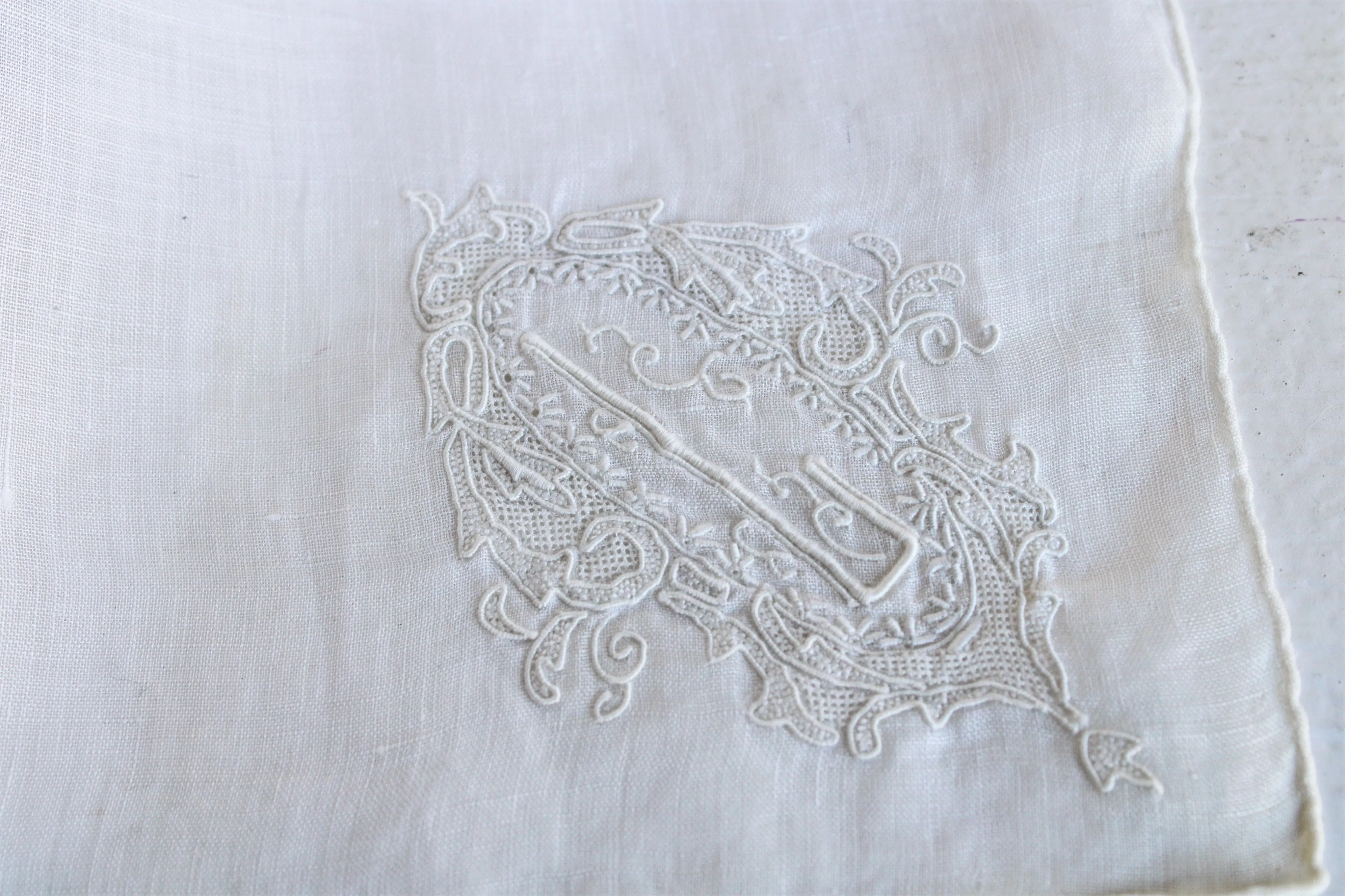 Vintage Linen Hanky Embroidered with L