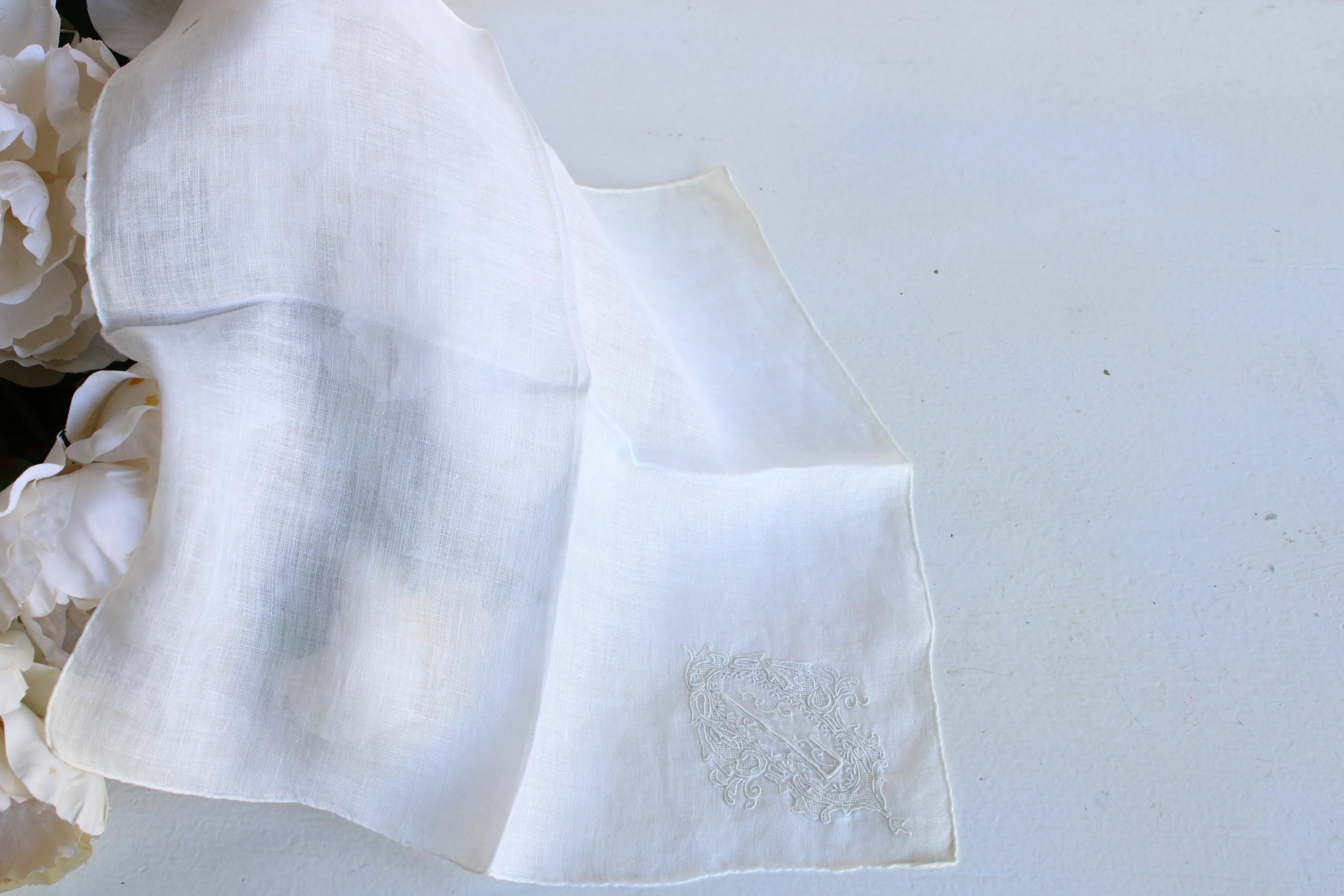 Vintage Linen Hanky Embroidered with L