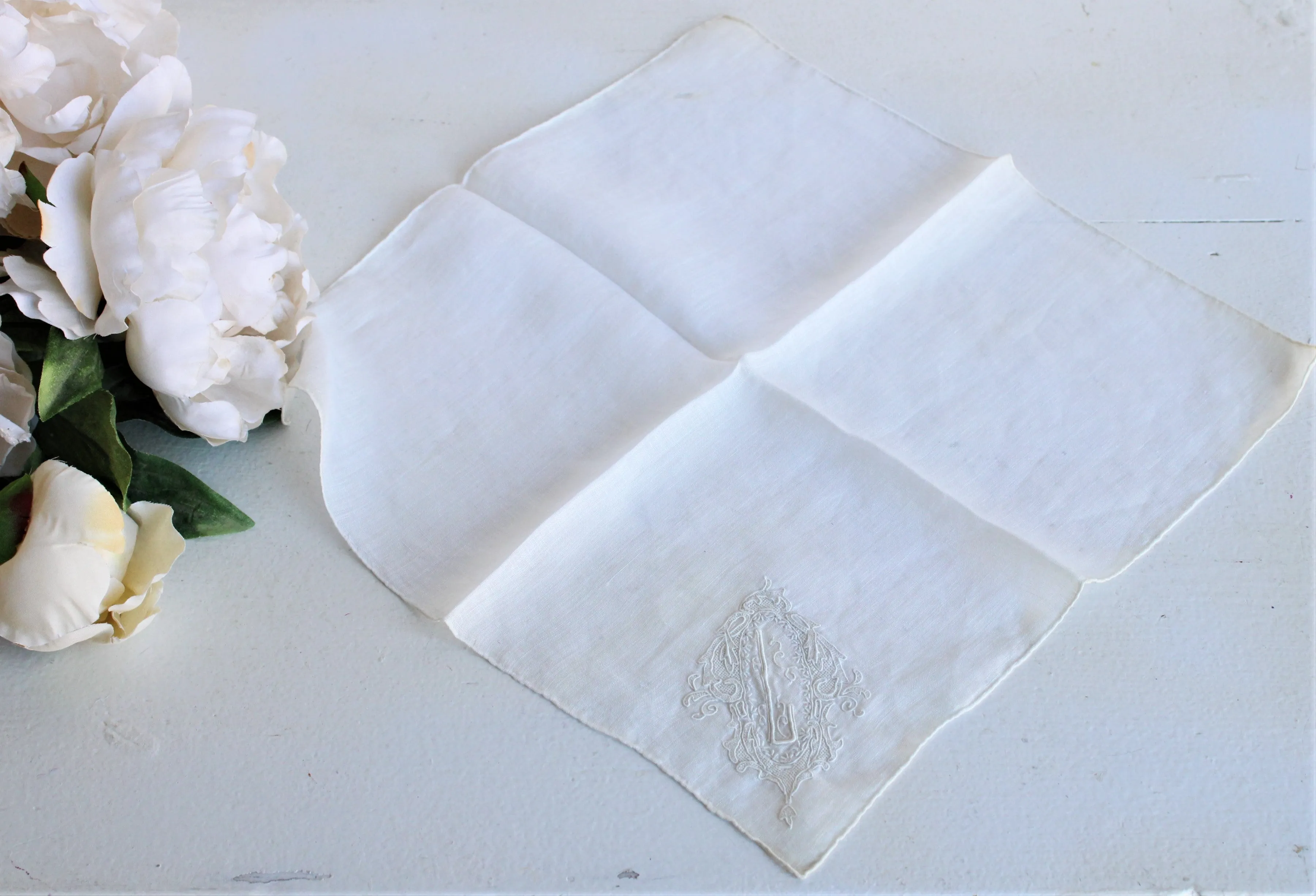 Vintage Linen Hanky Embroidered with L