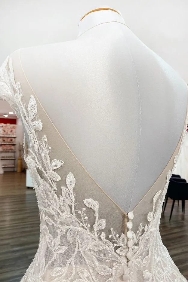 Vintage Long A-line Jewel Tulle Ruffles Wedding Dress with Lace Appliques