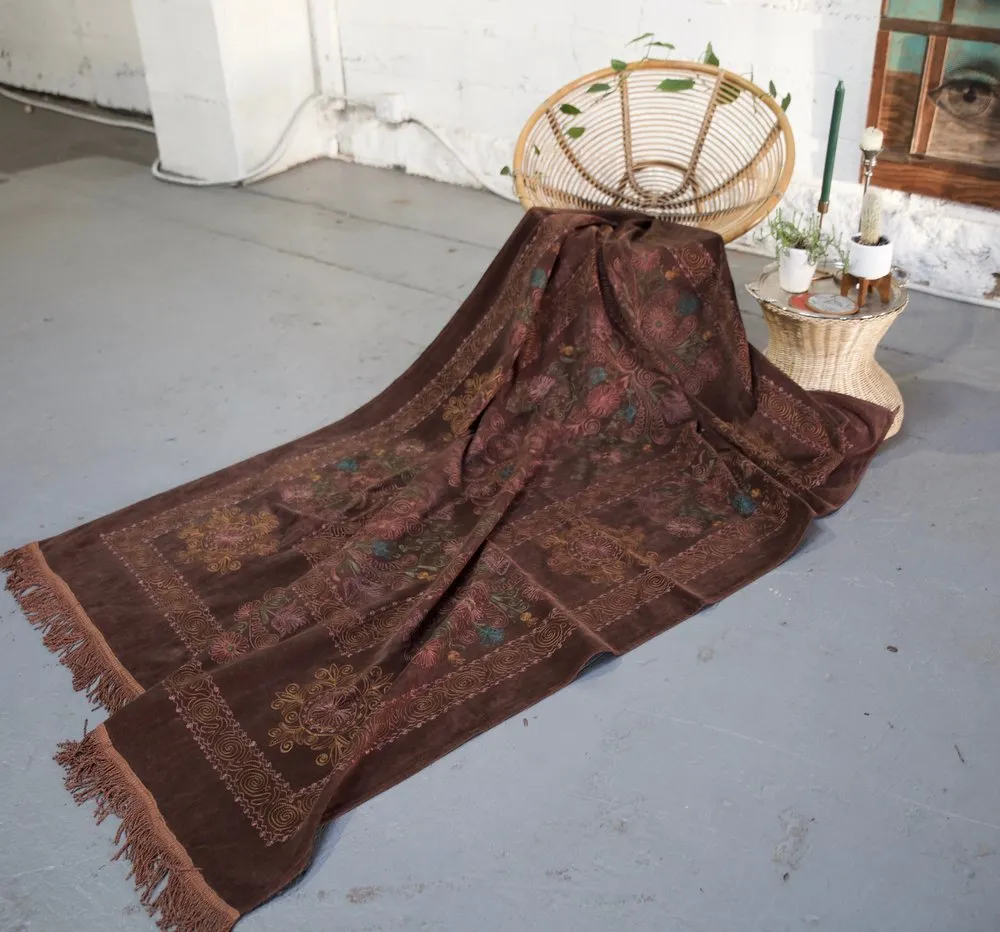 Vintage velvet Suzani throw in coffee