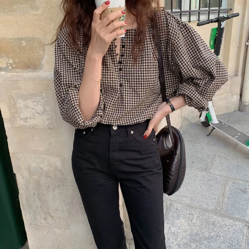 Wenkouban Blouses Women Button Fly Plaid Printed O-Neck Shirts Womens Vintage Casual Loose Tops Chic Trendy Gentle Designer Retro Clothing