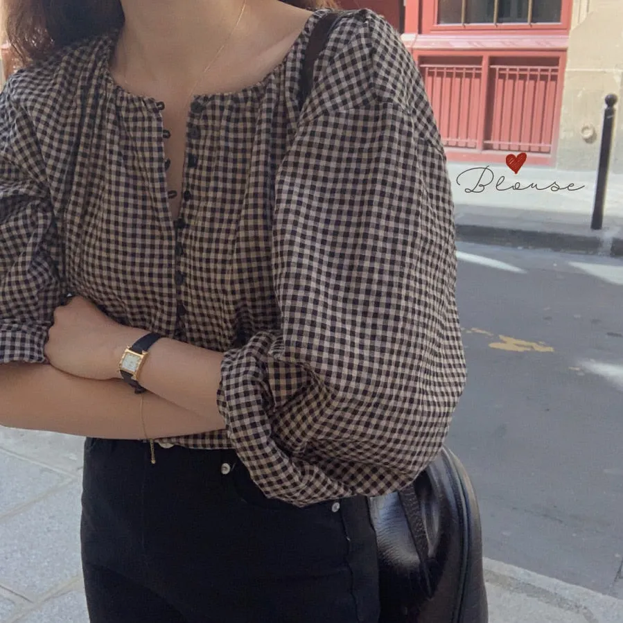 Wenkouban Blouses Women Button Fly Plaid Printed O-Neck Shirts Womens Vintage Casual Loose Tops Chic Trendy Gentle Designer Retro Clothing