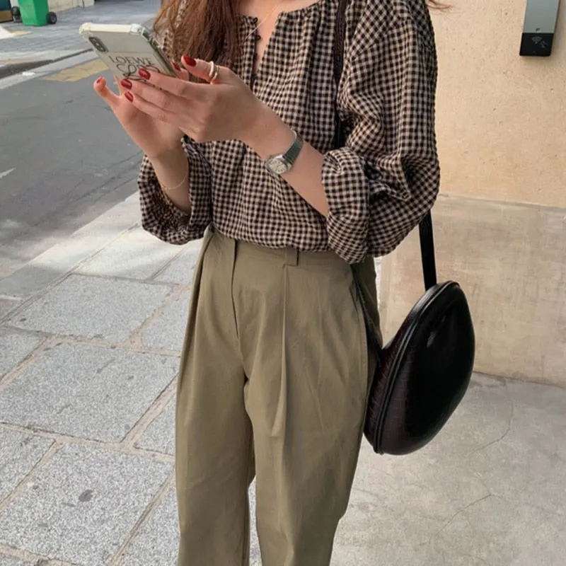 Wenkouban Blouses Women Button Fly Plaid Printed O-Neck Shirts Womens Vintage Casual Loose Tops Chic Trendy Gentle Designer Retro Clothing