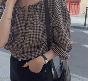 Wenkouban Blouses Women Button Fly Plaid Printed O-Neck Shirts Womens Vintage Casual Loose Tops Chic Trendy Gentle Designer Retro Clothing