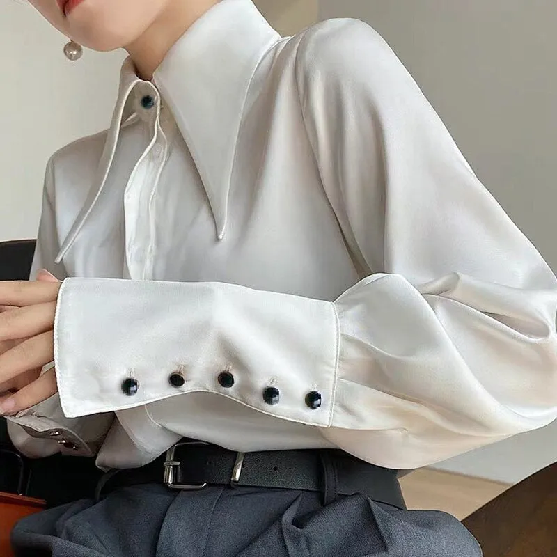 Wenkouban Chic Vintage Women Blouse Elegant Single-Breasted Satin Silk Women Shirt Autumn New White Casual Ladies Shirts Tops Blusas