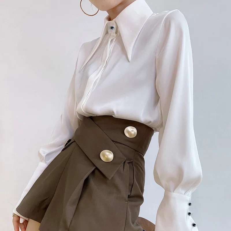 Wenkouban Chic Vintage Women Blouse Elegant Single-Breasted Satin Silk Women Shirt Autumn New White Casual Ladies Shirts Tops Blusas