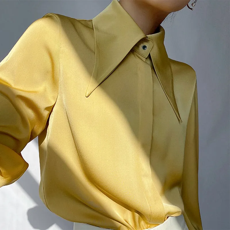 Wenkouban Chic Vintage Women Blouse Elegant Single-Breasted Satin Silk Women Shirt Autumn New White Casual Ladies Shirts Tops Blusas