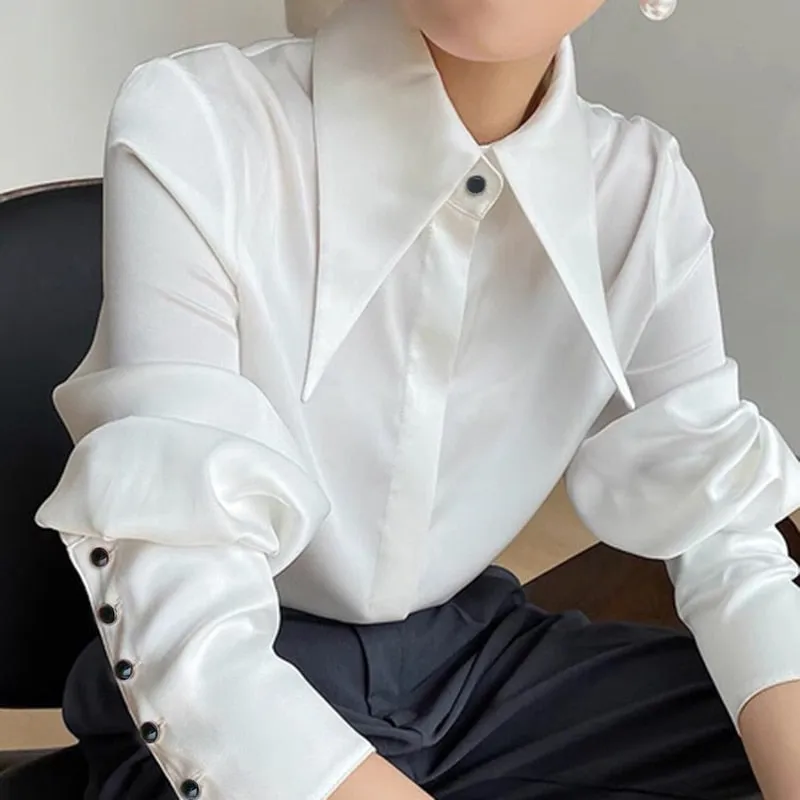 Wenkouban Chic Vintage Women Blouse Elegant Single-Breasted Satin Silk Women Shirt Autumn New White Casual Ladies Shirts Tops Blusas